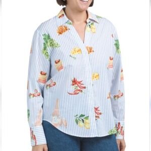 Eliane Rose Blue Stripe Food Wine Print Cotton Button Down Shirt Medium T3